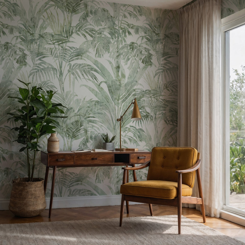 Soft Green Tropical Leaf Wallpaper : Pale Palm and Fern Mural - View 2
