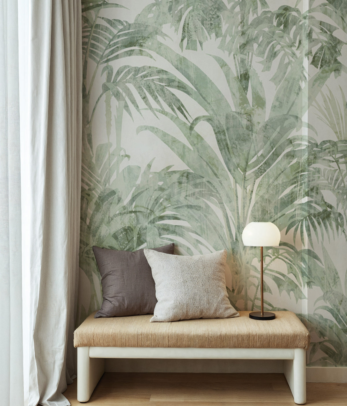 Soft Green Tropical Leaf Wallpaper : Pale Palm and Fern Mural - View 4