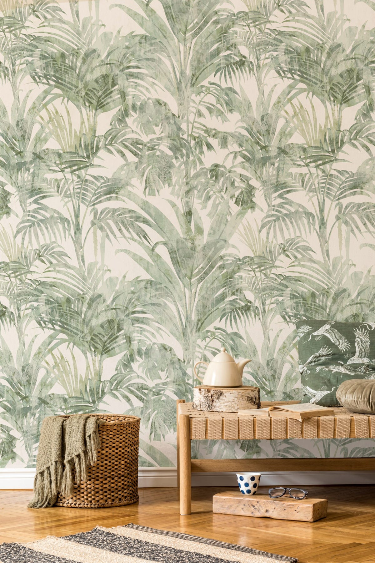 Soft Green Tropical Leaf Wallpaper : Pale Palm and Fern Mural
