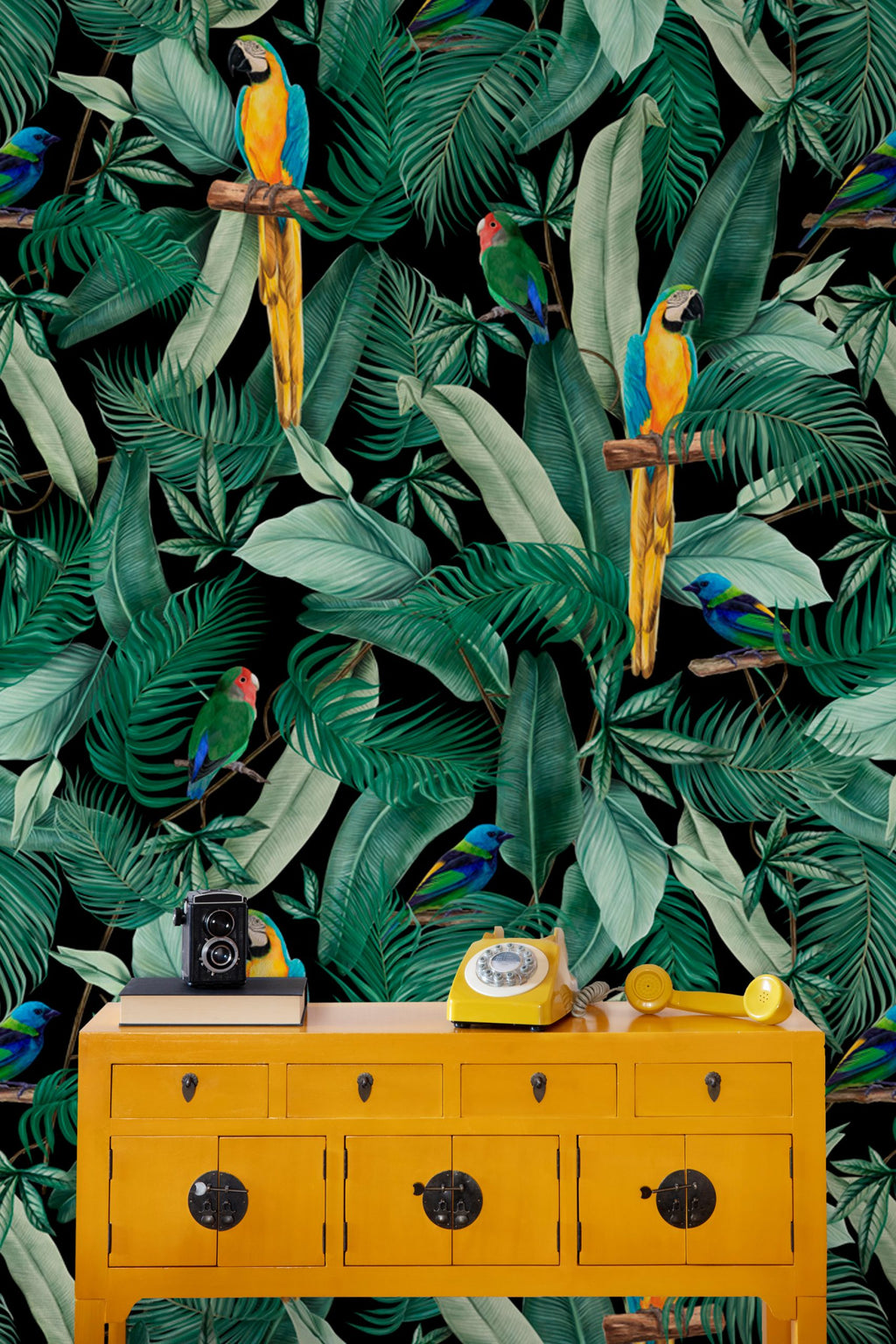 Macaw Jungle Wallpaper : Green Palm and Parrot Wall Mural