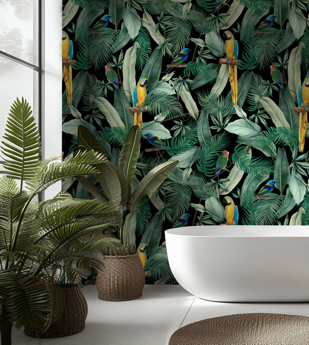 Macaw Jungle Wallpaper : Green Palm and Parrot Wall Mural - View 3