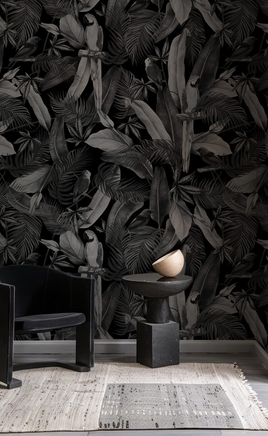 Monochrome Parrot Wallpaper : Black and White Tropical Mural - View 3