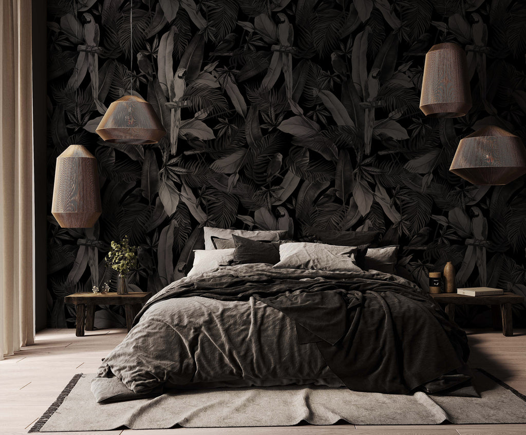 Monochrome Parrot Wallpaper : Black and White Tropical Mural - View 5