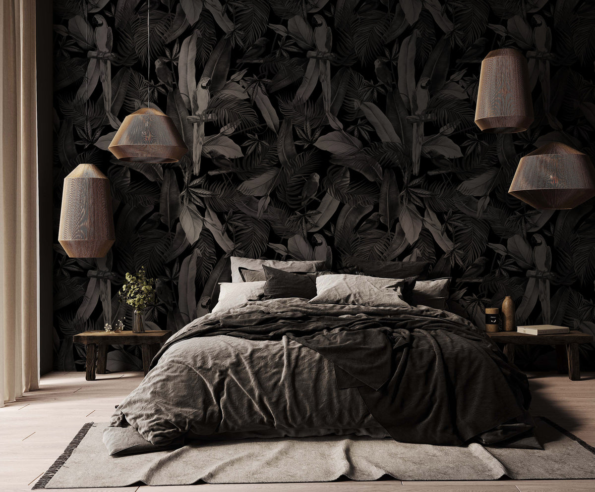 Monochrome Parrot Wallpaper : Black and White Tropical Mural - View 5