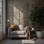 Sepia Etched Forest Wallpaper : Antique Birch Woodland Mural - View 3