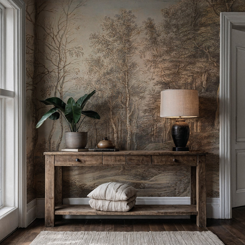 Sepia Etched Forest Wallpaper : Antique Birch Woodland Mural - View 4