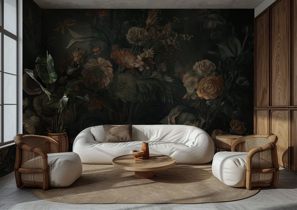 Old Master Floral Wallpaper : Faded Dark Still Life Wall Mural - View 3