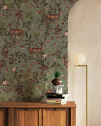 Sage Woodland Wallpaper : Deer Mushroom and Bird Folk Mural