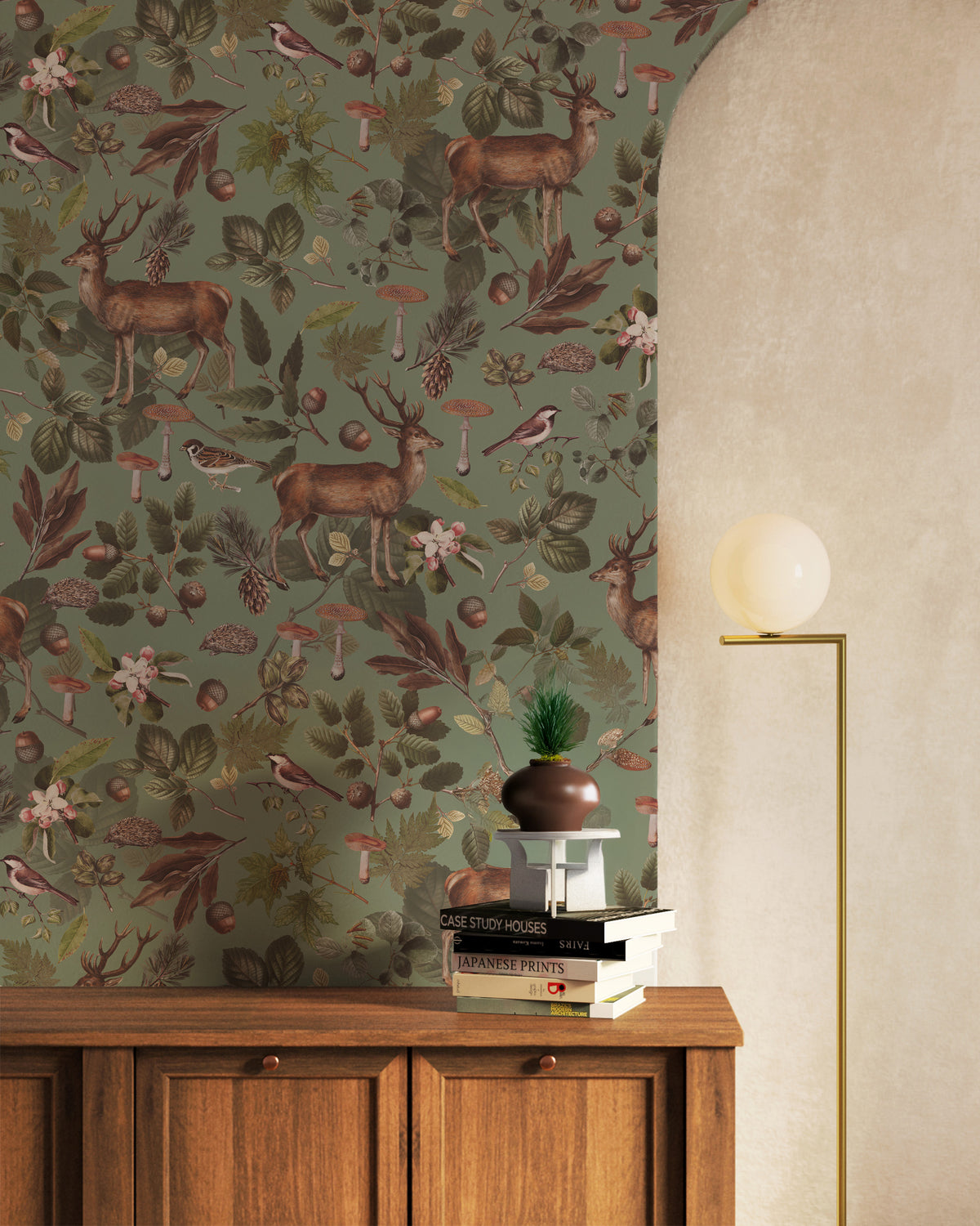 Sage Woodland Wallpaper : Deer Mushroom and Bird Folk Mural