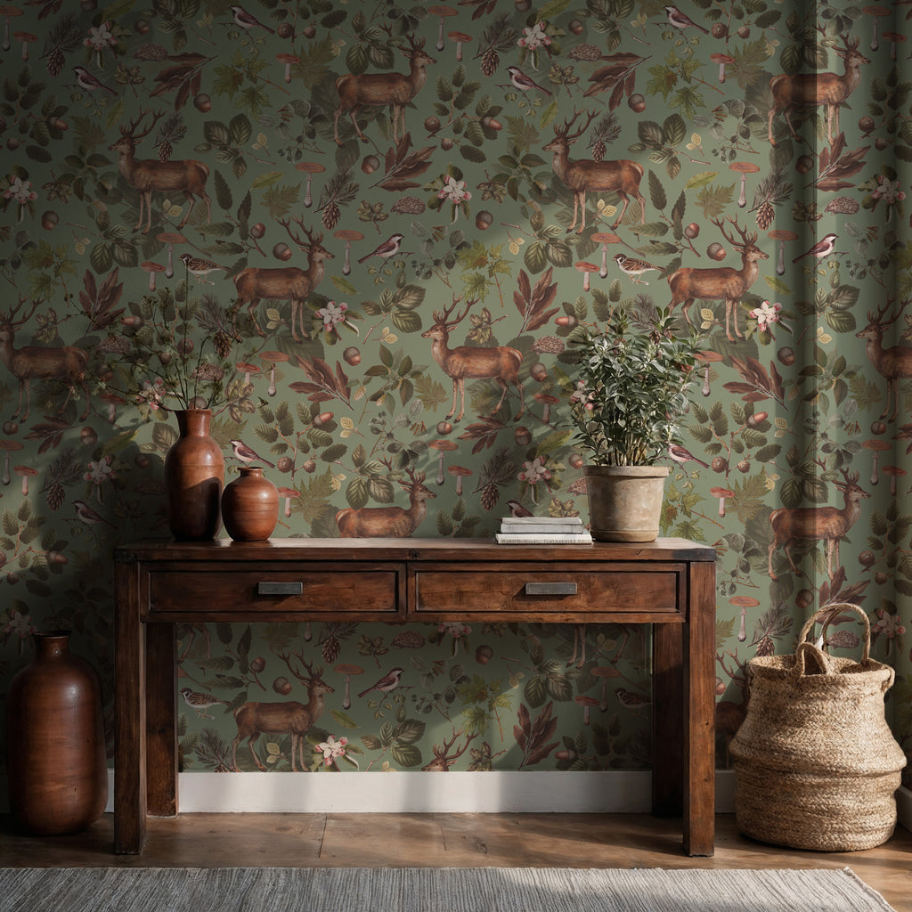 Sage Woodland Wallpaper : Deer Mushroom and Bird Folk Mural - View 3