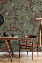 Sage Woodland Wallpaper : Deer Mushroom and Bird Folk Mural - View 4