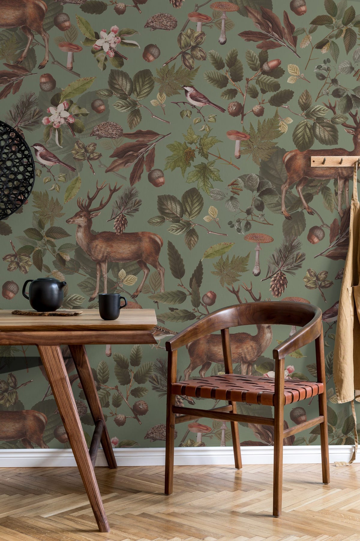 Sage Woodland Wallpaper : Deer Mushroom and Bird Folk Mural - View 4