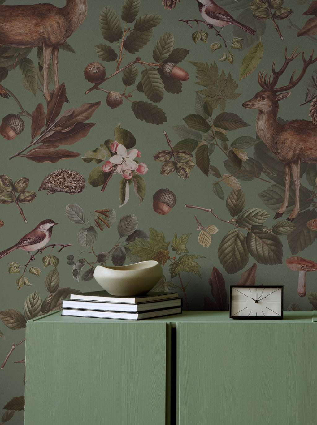 Sage Woodland Wallpaper : Deer Mushroom and Bird Folk Mural - View 5
