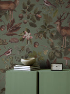 Sage Woodland Wallpaper : Deer Mushroom and Bird Folk Mural - View 5