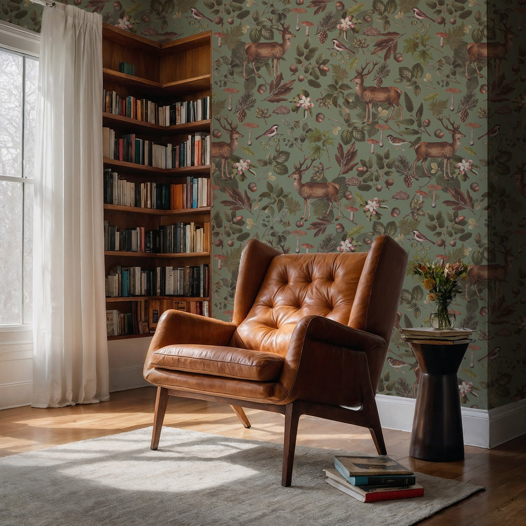 Sage Woodland Wallpaper : Deer Mushroom and Bird Folk Mural - View 6