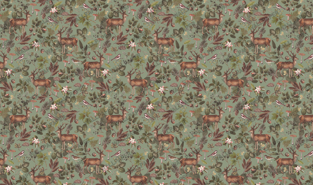 Sage Woodland Wallpaper : Deer Mushroom and Bird Folk Mural - View 2