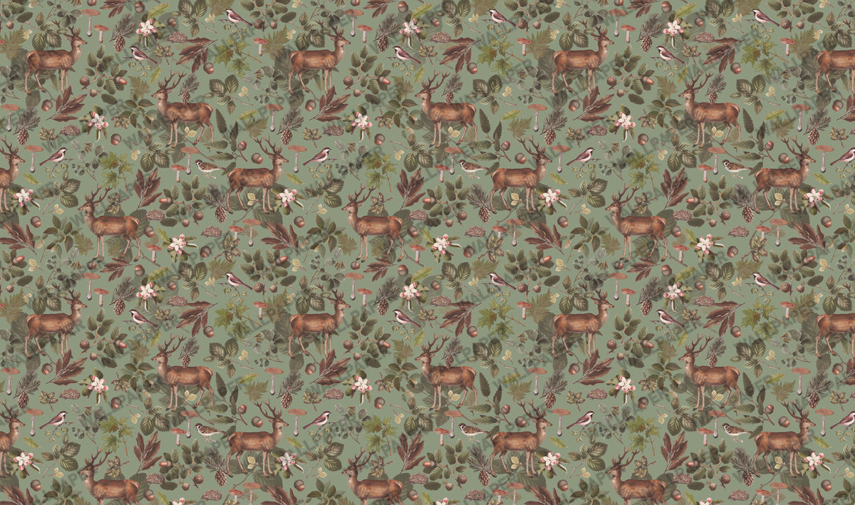Sage Woodland Wallpaper : Deer Mushroom and Bird Folk Mural - View 2