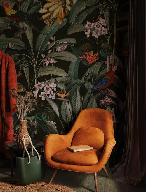 Dark Parrot Jungle Wallpaper : Tropical Orchid and Leaf Mural