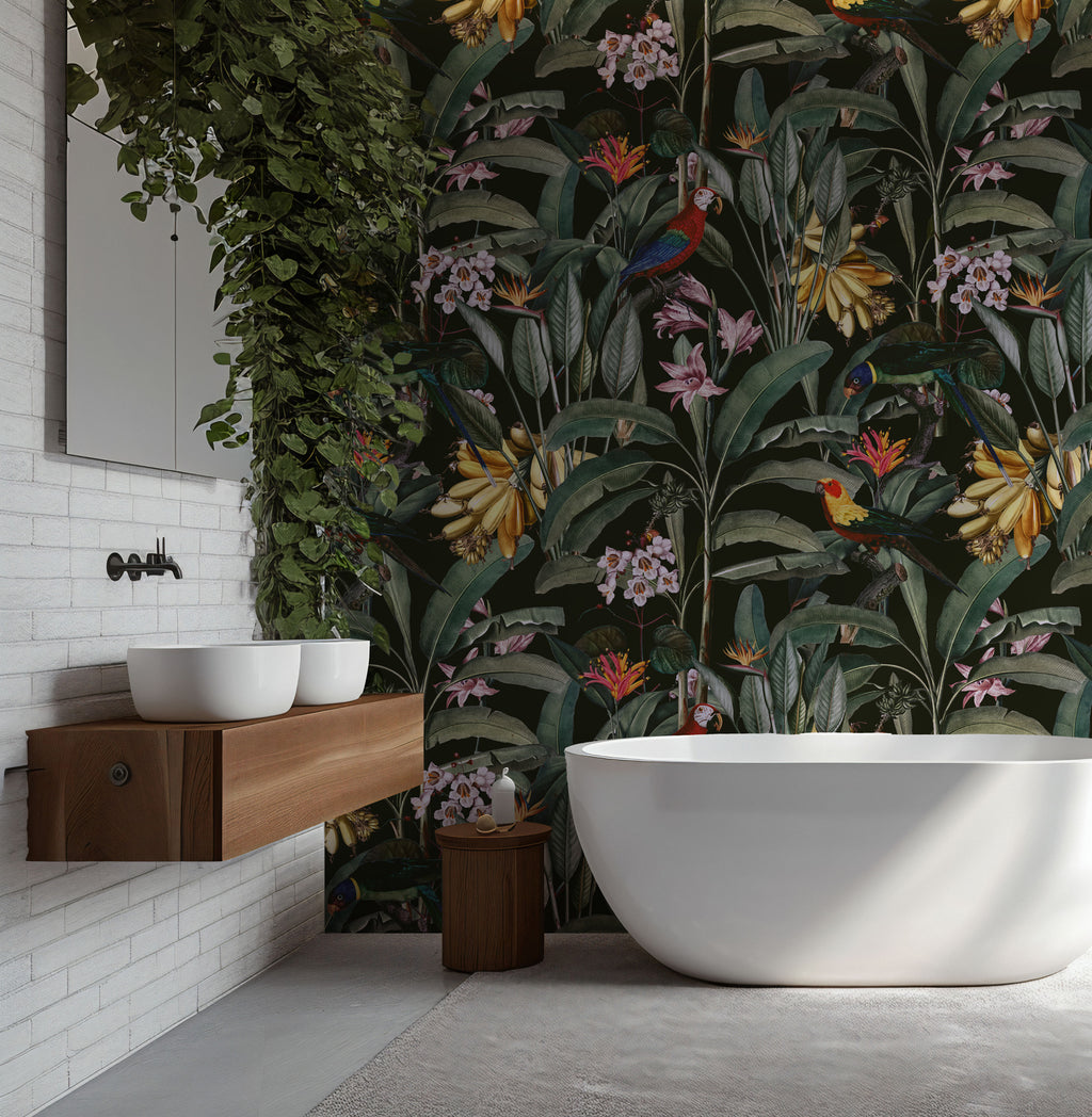 Dark Parrot Jungle Wallpaper : Tropical Orchid and Leaf Mural - View 3