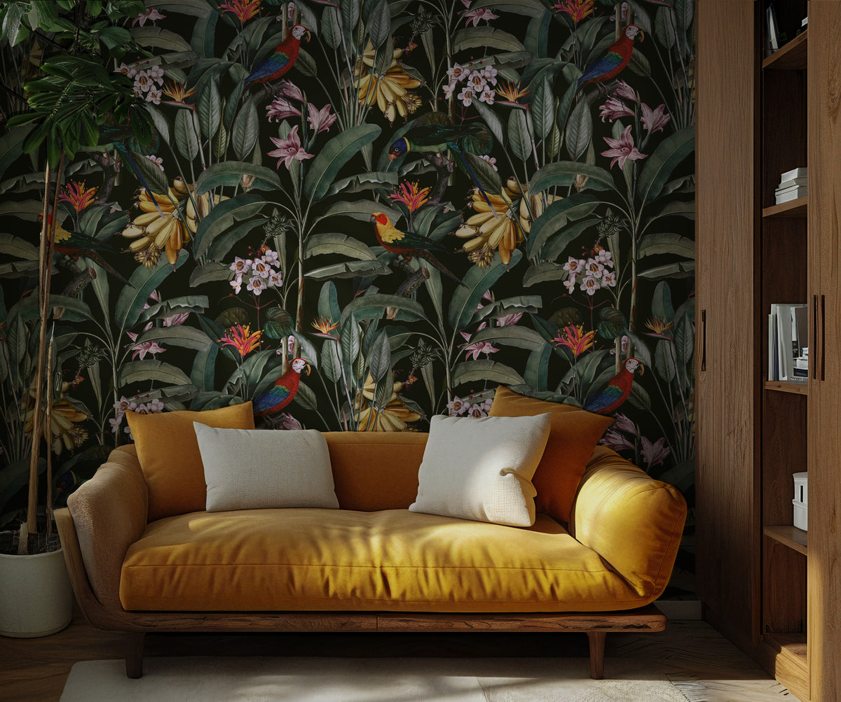 Dark Parrot Jungle Wallpaper : Tropical Orchid and Leaf Mural - View 4
