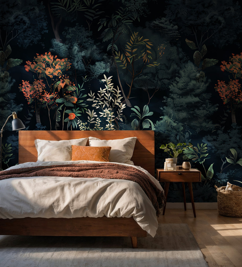 Navy Forest Wallpaper : Dark Pine and Blossom Woodland Wall Mural
