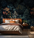 Navy Forest Wallpaper : Dark Pine and Blossom Woodland Wall Mural