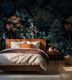 Navy Forest Wallpaper : Dark Pine and Blossom Woodland Wall Mural