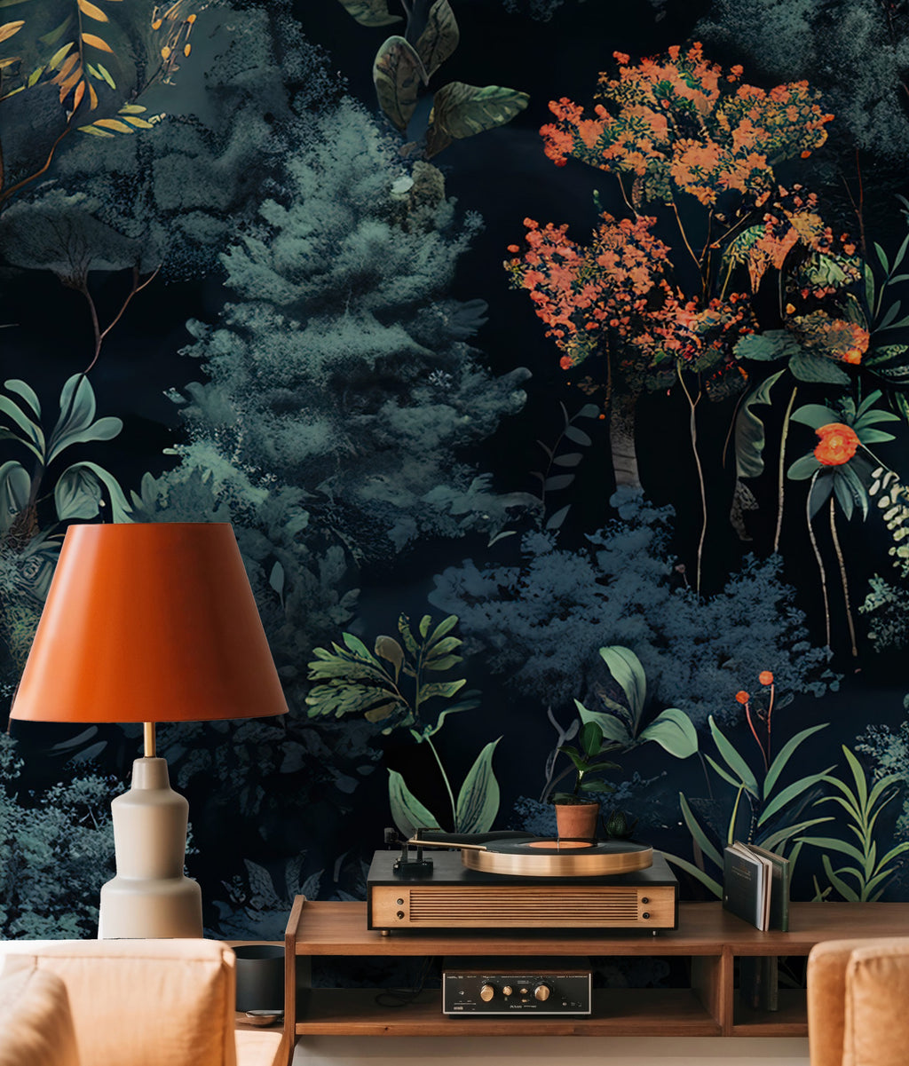 Navy Forest Wallpaper : Dark Pine and Blossom Woodland Wall Mural - View 5