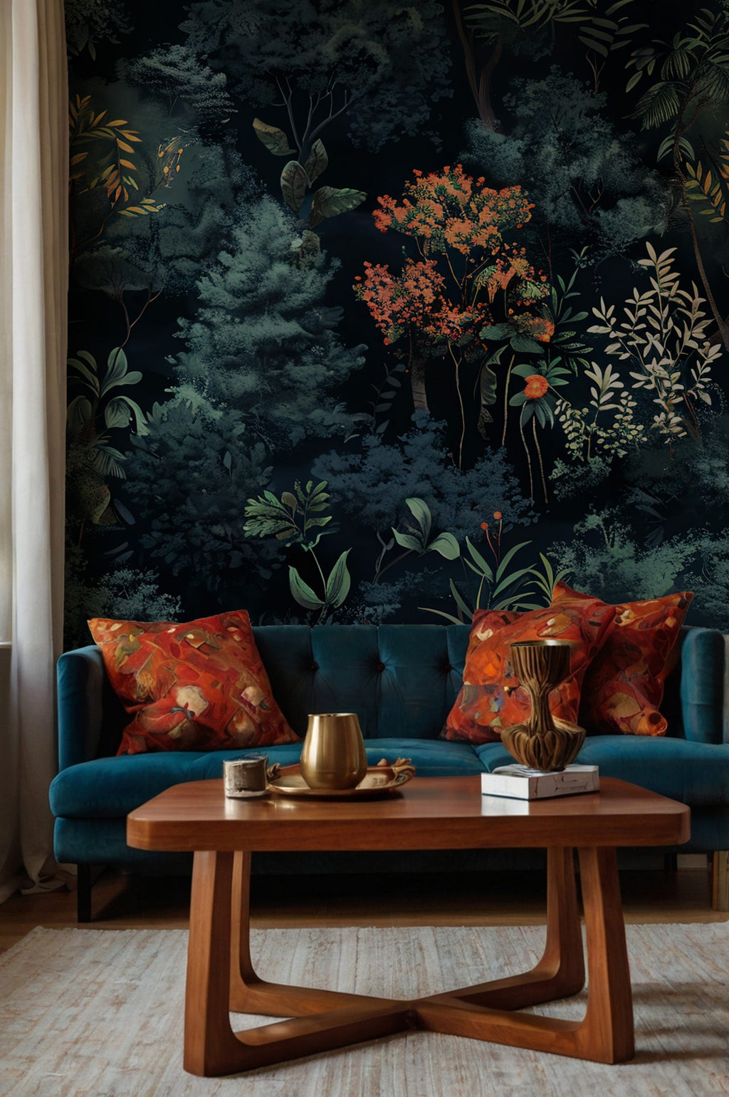 Navy Forest Wallpaper : Dark Pine and Blossom Woodland Wall Mural - View 4