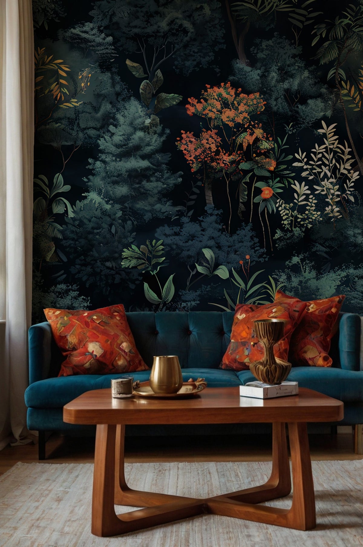 Navy Forest Wallpaper : Dark Pine and Blossom Woodland Wall Mural - View 4