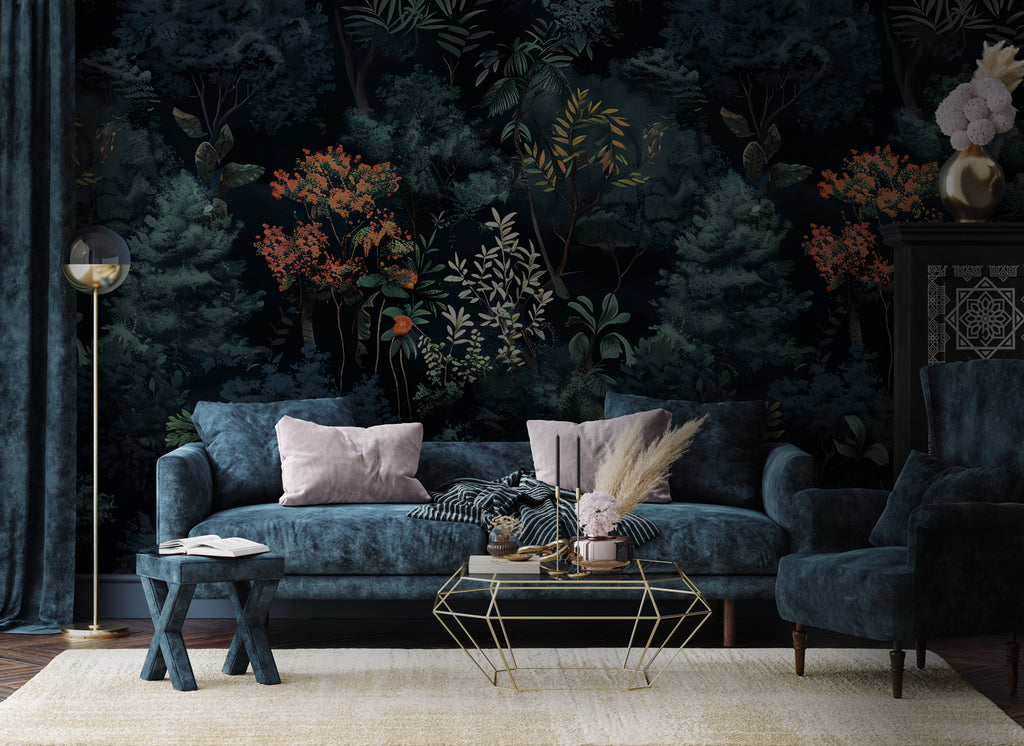 Navy Forest Wallpaper : Dark Pine and Blossom Woodland Wall Mural - View 3