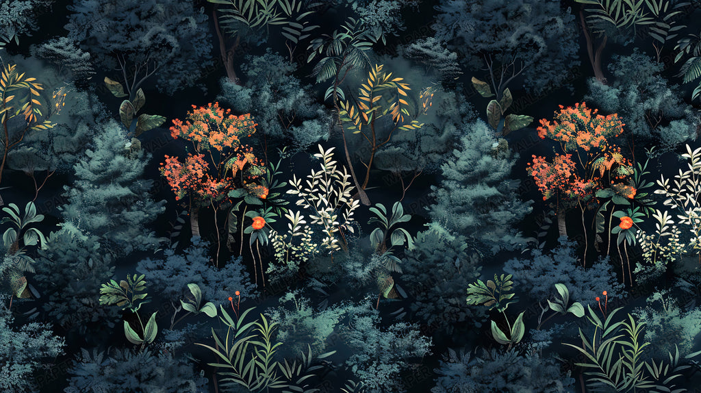 Navy Forest Wallpaper : Dark Pine and Blossom Woodland Wall Mural - View 2