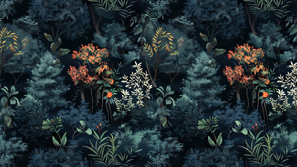 Navy Forest Wallpaper : Dark Pine and Blossom Woodland Wall Mural - View 2