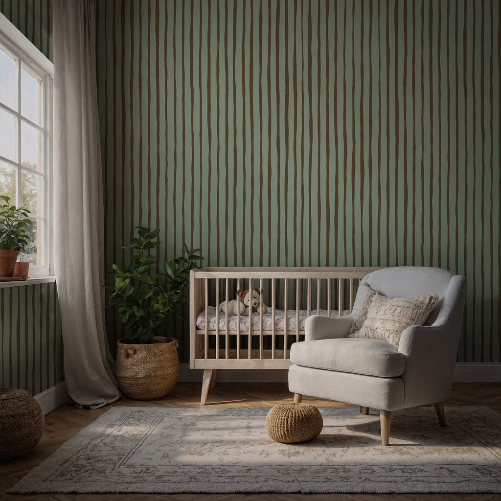 Mint Painted Stripe Wallpaper : Hand Drawn Brown Line Mural - View 3