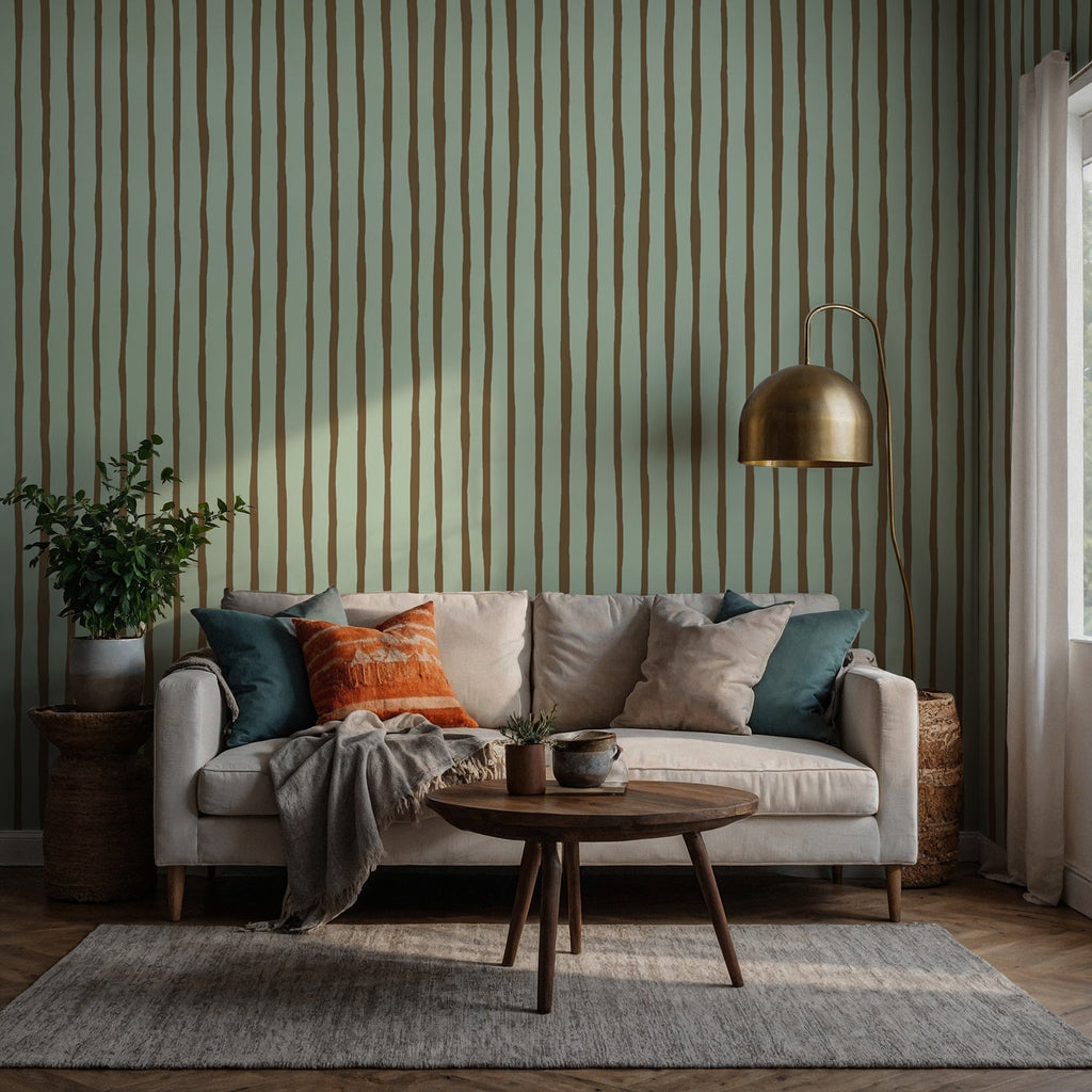 Mint Painted Stripe Wallpaper : Hand Drawn Brown Line Mural - View 4