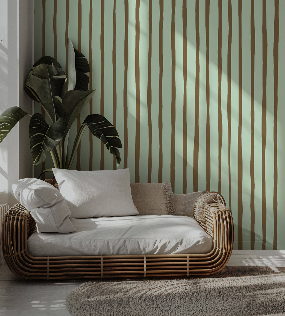 Mint Painted Stripe Wallpaper : Hand Drawn Brown Line Mural
