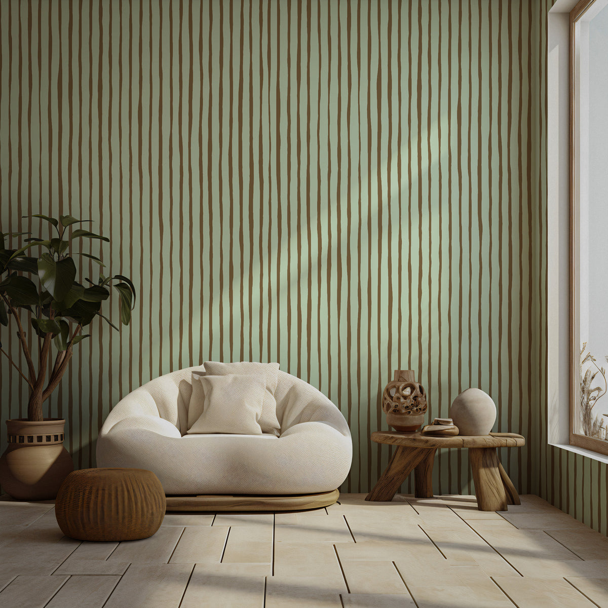 Mint Painted Stripe Wallpaper : Hand Drawn Brown Line Mural - View 5