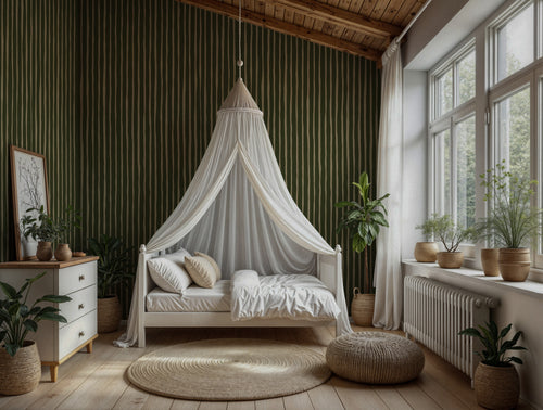Olive Painted Stripe Wallpaper : Hand Drawn Green Line Mural