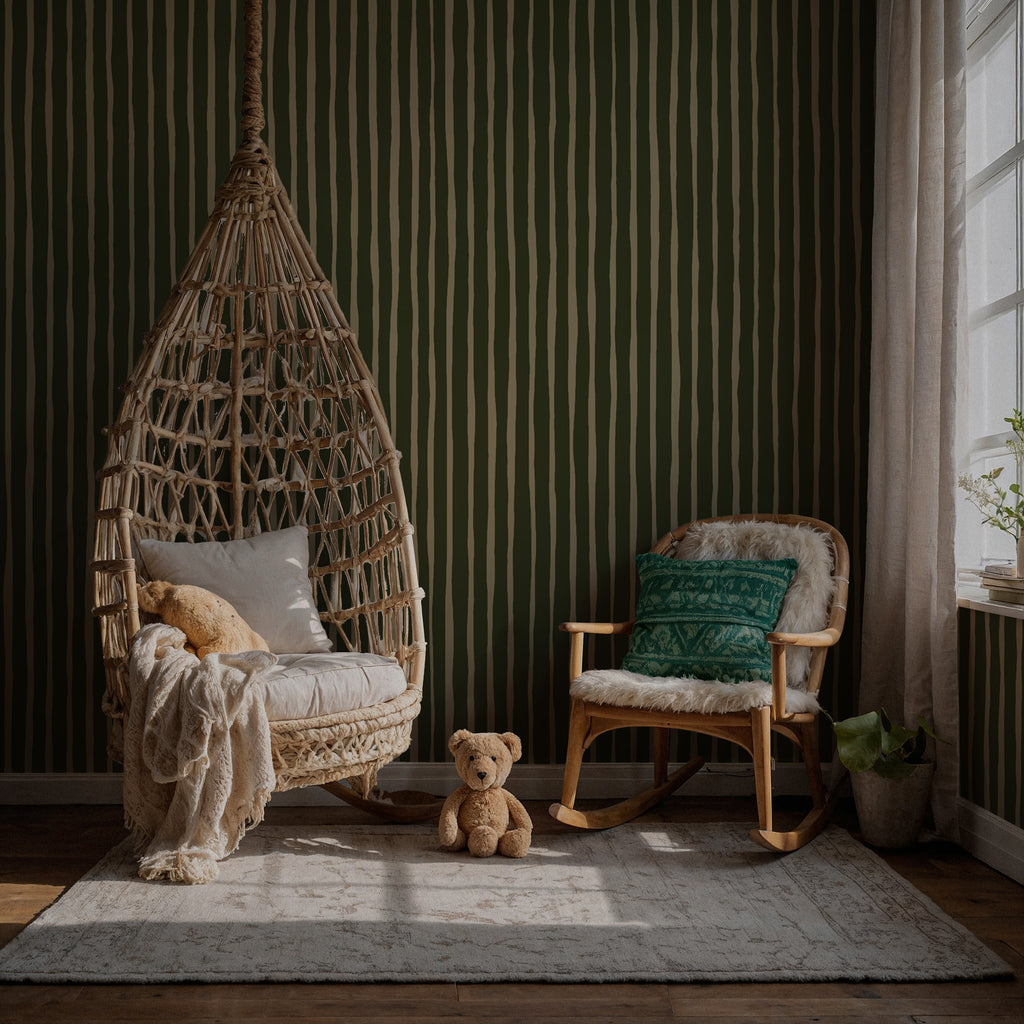 Olive Painted Stripe Wallpaper : Hand Drawn Green Line Mural - View 3