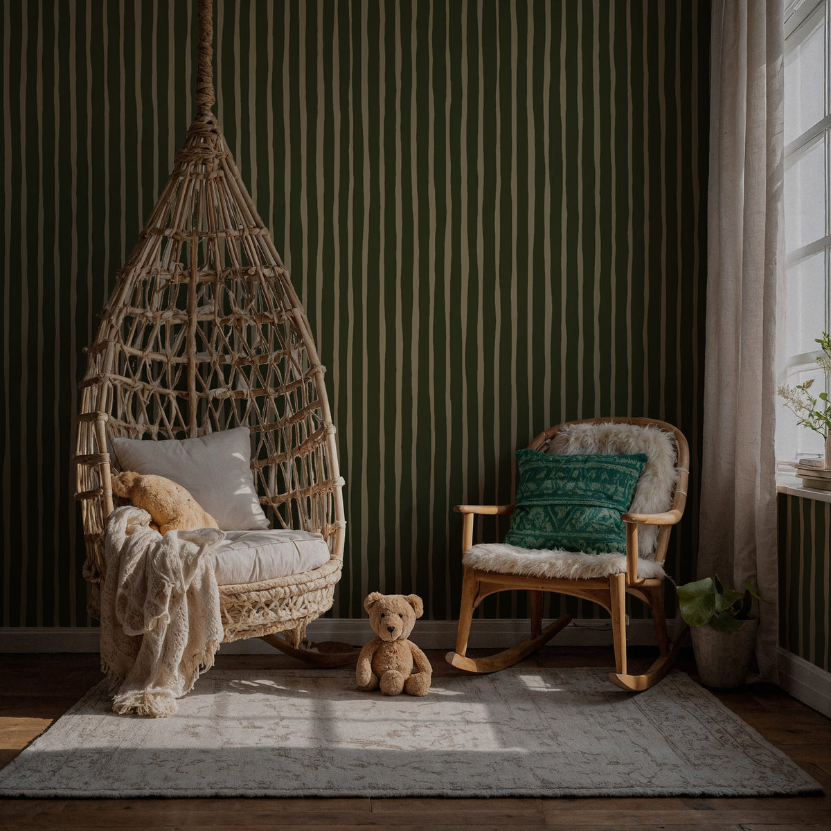 Olive Painted Stripe Wallpaper : Hand Drawn Green Line Mural - View 3