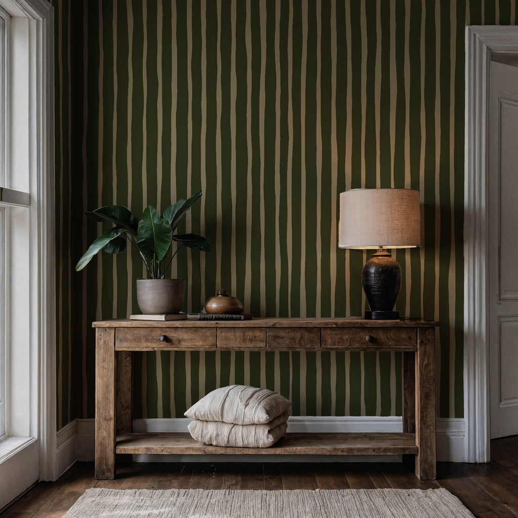 Olive Painted Stripe Wallpaper : Hand Drawn Green Line Mural - View 4
