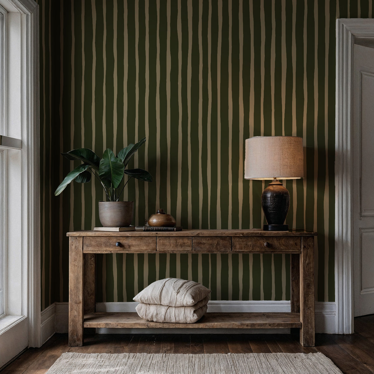 Olive Painted Stripe Wallpaper : Hand Drawn Green Line Mural - View 4