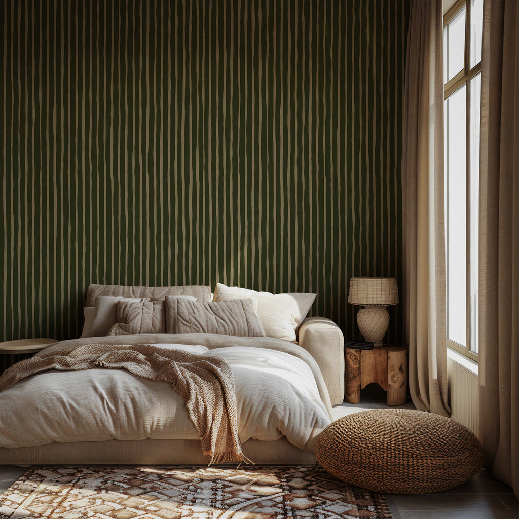 Olive Painted Stripe Wallpaper : Hand Drawn Green Line Mural - View 5