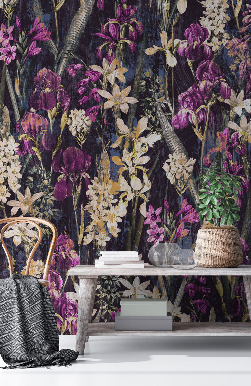 Dark Iris Meadow Wallpaper : Moody Purple and Gold Floral Mural - View 5