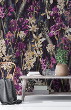 Dark Iris Meadow Wallpaper : Moody Purple and Gold Floral Mural - View 5