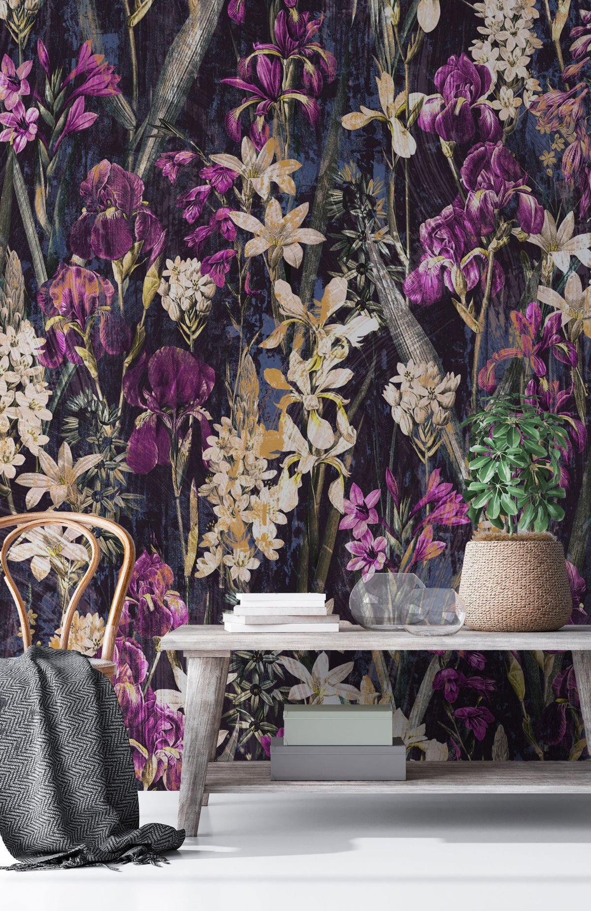 Dark Iris Meadow Wallpaper : Moody Purple and Gold Floral Mural - View 5