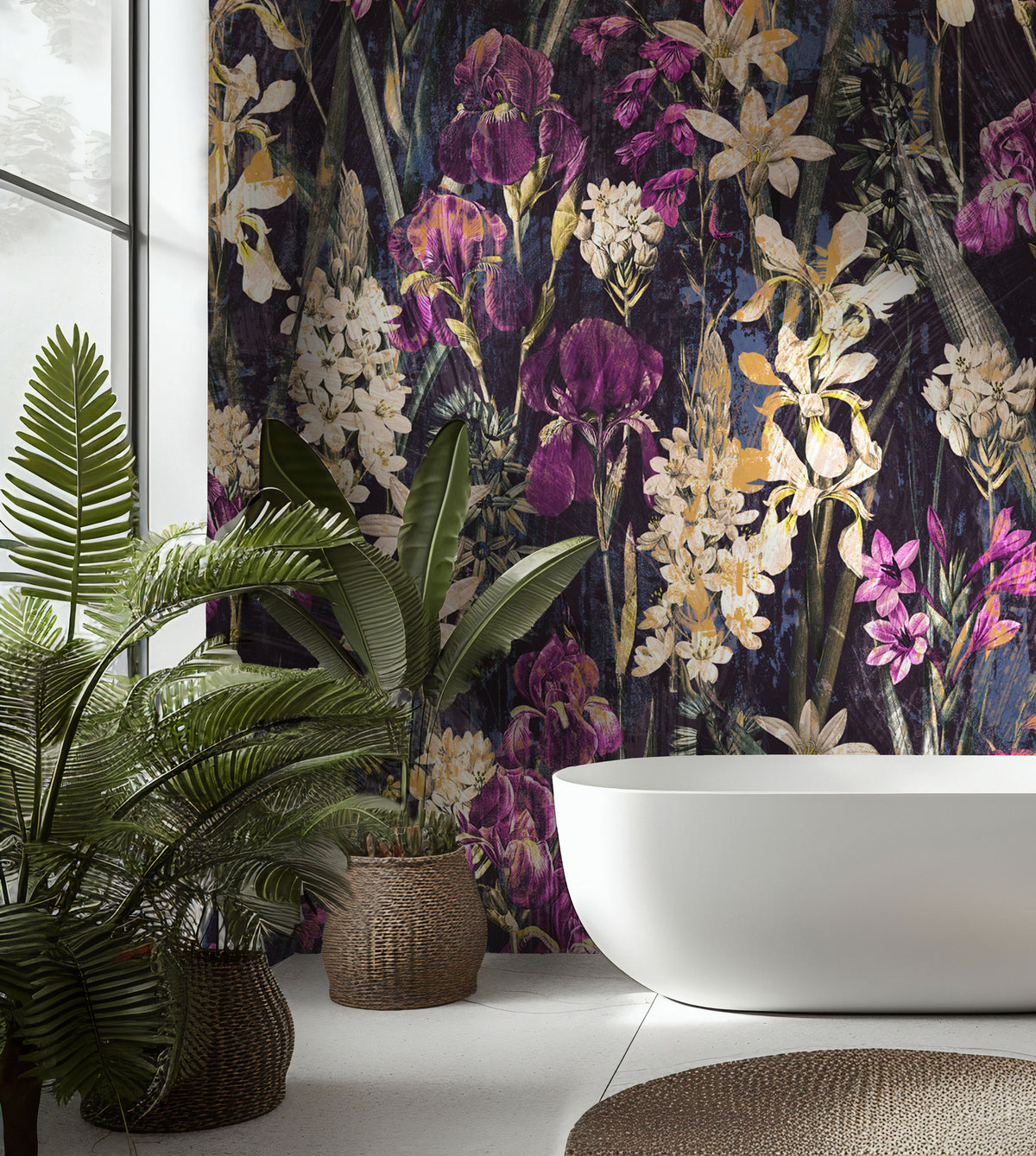 Dark Iris Meadow Wallpaper : Moody Purple and Gold Floral Mural - View 4