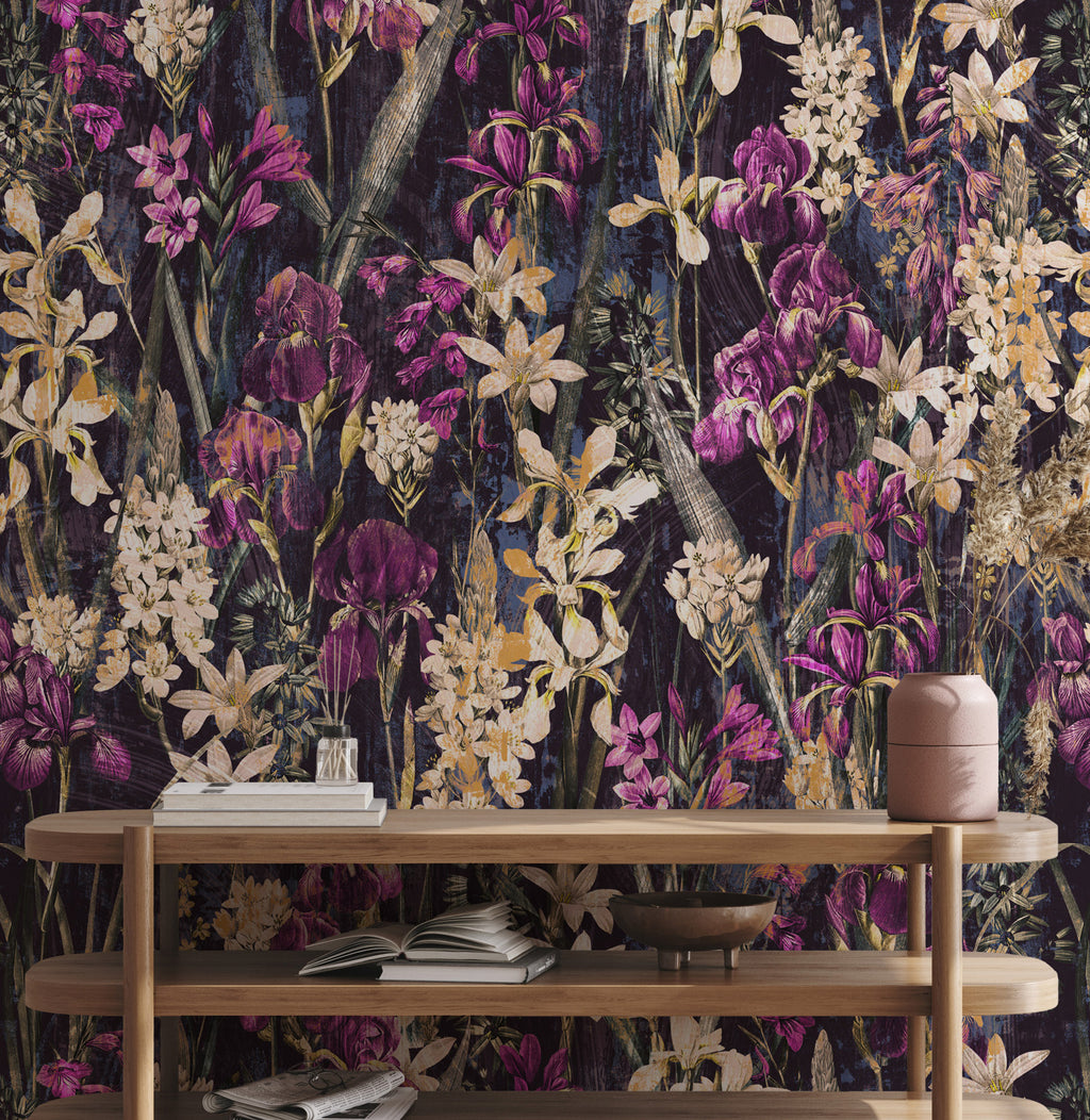 Dark Iris Meadow Wallpaper : Moody Purple and Gold Floral Mural - View 3