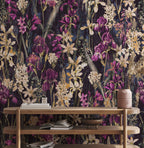 Dark Iris Meadow Wallpaper : Moody Purple and Gold Floral Mural - View 3