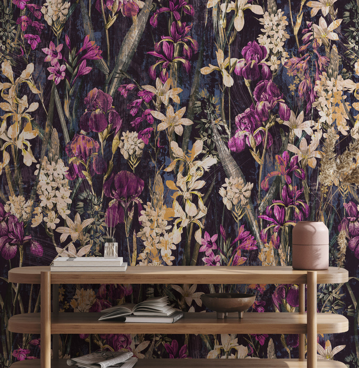 Dark Iris Meadow Wallpaper : Moody Purple and Gold Floral Mural - View 3